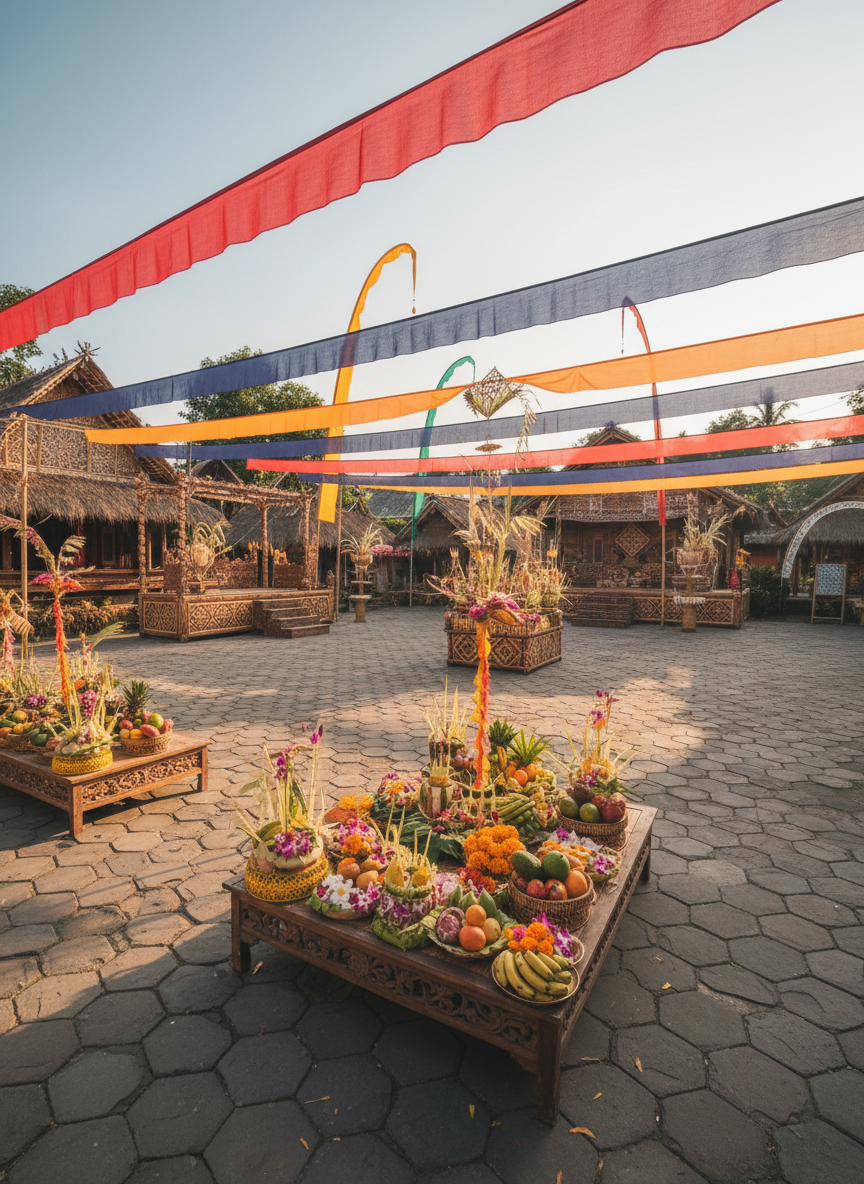 A wide, panoramic photographic view of a traditional cultural village courtyard set up for a current community festival. Intricately woven bamboo pavilions, carved wooden stages, and colorful fabric banners sway gently above a stone-paved plaza. Offerings made of fresh flowers, fruit, and woven palm leaves are neatly arranged on low, hand-carved tables. Soft late-afternoon natural light casts warm, golden highlights on the bamboo textures and subtle shadows beneath the decorations. Captured at eye level with sharp focus throughout, the composition follows the rule of thirds, emphasizing both the central ceremonial space and the surrounding vernacular architecture. The atmosphere feels authentic, communal, and documentary, conveying an ongoing cultural event without showing any human figures or text.